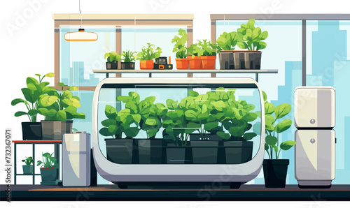 Indoor Hydroponic Garden Setup in a Modern Kitchen isolated vector style illustration