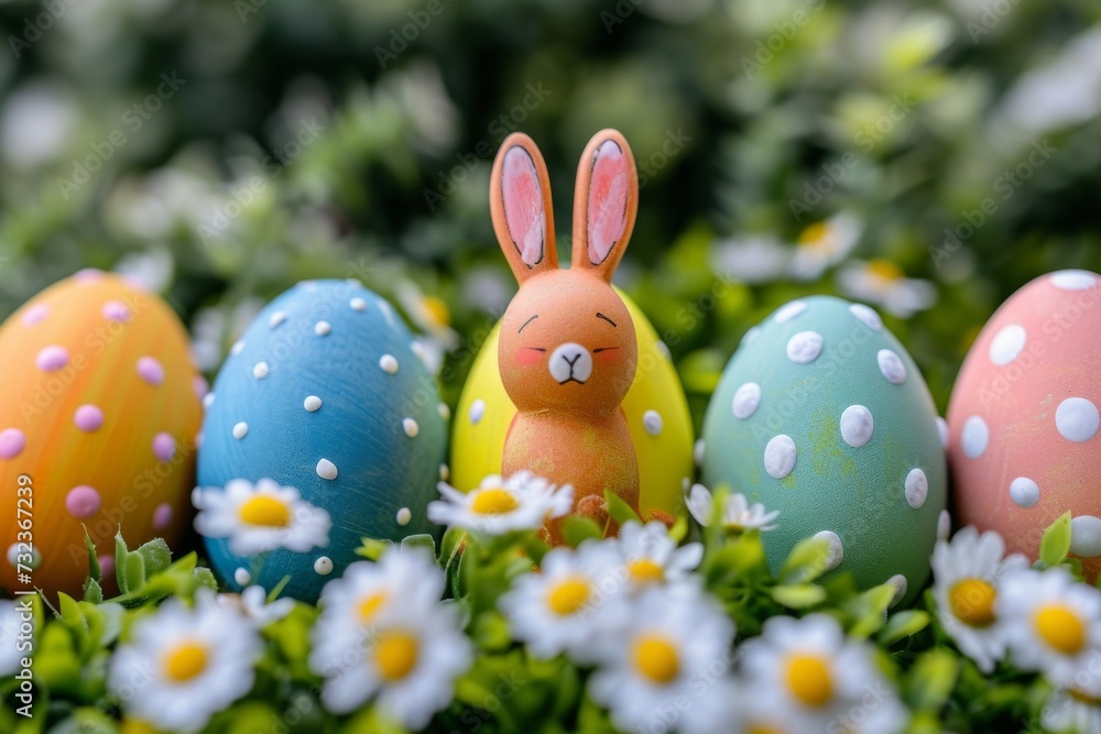 Happy Easter Eggs Basket rosette. Bunny in flower easter baubles decoration Garden. Cute hare 3d radiant easter rabbit spring illustration. Holy week adorable card wallpaper Flower Happy Easter Eggs Basket rosette. Bunny in flower easter baubles decoration Garden. Cute hare 3d radiant easter rabbit spring illustration. Holy week adorable card wallpaper Flower