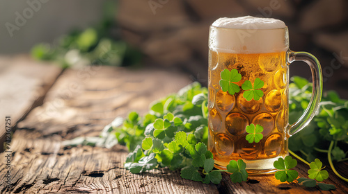 St. Patrick's Day green shamrocks with a full cold frosty glass of beer on a wooden background, Space for text