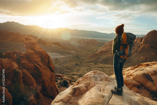 Female hiker with backpack standing on a mountain at sunset, overlooking a vast valley.