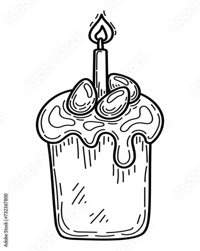 Easter coloring book sketch. Birthday cake with candle and eggs. Hand drawn vector illustration.