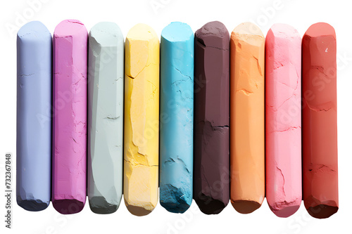 Stack of Different Colorful chalk  isolated on cut out PNG or transparent background. Close up. Arranged as rainbow spectrum. Educational stationery. Realistic clipart template pattern.