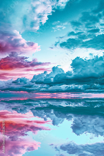 Colorful sky with clouds reflected in water at sunset. Nature background © Jioo7