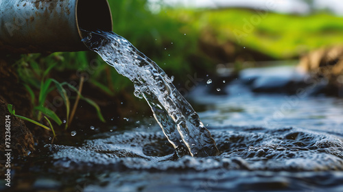 Water flows from the pipe into the river. Selective focus.