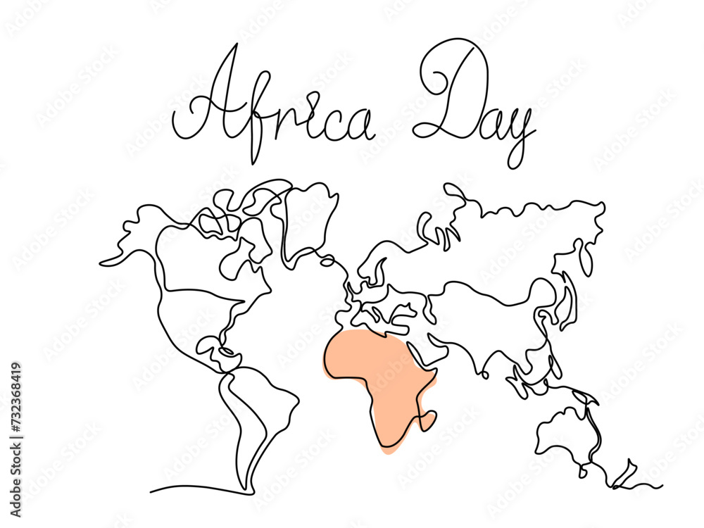 Africa Day. Abstract map continuous one line art hand drawing sketch card Africa Day. Abstract map continuous one line art hand drawing sketch card