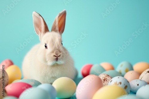 Happy Easter Eggs Basket Edible bloom. Bunny in flower easter serene decoration Garden. Cute hare 3d bonnet easter rabbit spring illustration. Holy week Bunch card wallpaper Botany © Leo