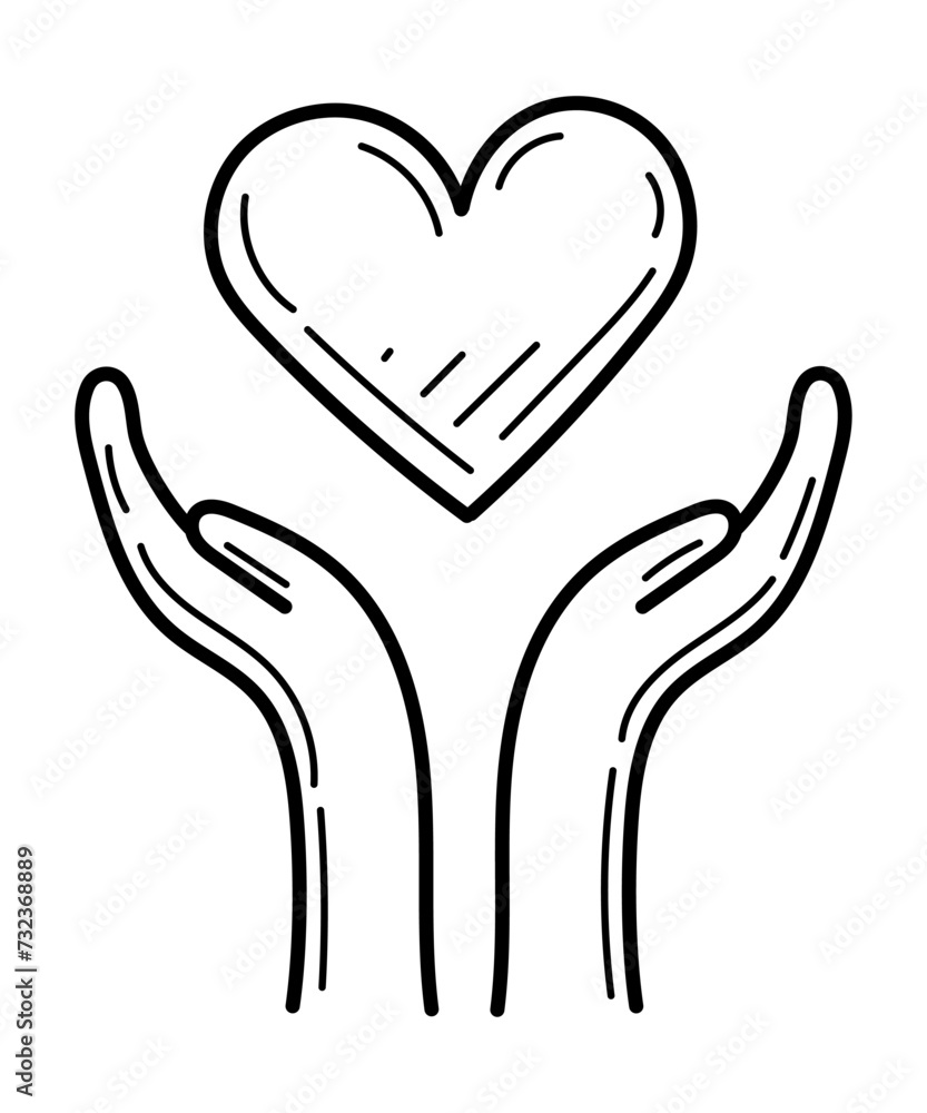 Obraz premium Coloring page heart in hands doodle. Hand drawn vector illustration.