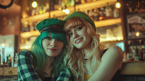 Two girls in a wig and a cap are photographed in a bar. They celebrate St. Patrick's Day
