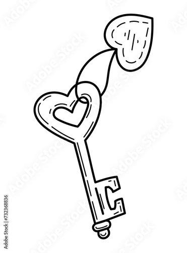 Coloring page key with heart keychain doodle. Hand drawn vector illustration.