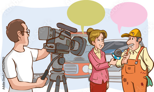 journalist and cameraman interviewing people