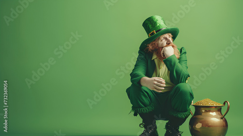 Upset leprechaun in a green suit sitting at the pot of gold isolated on green background, Space for text photo