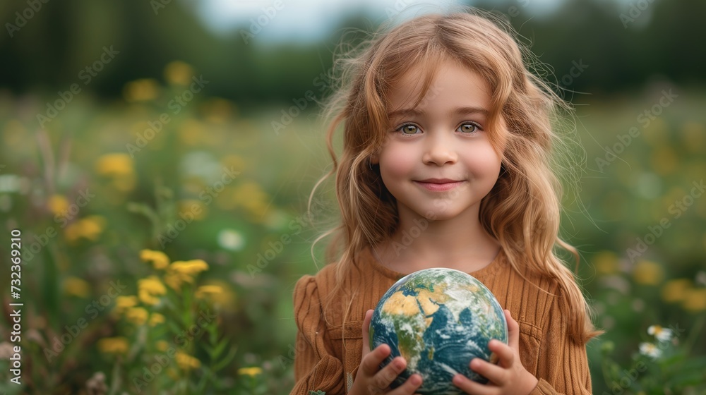Beautiful blonde girl holding earth globe in her hands outdoor on a meadow. She is smiling looking at the camera with copy space. Beautiful blonde girl holding earth globe in her hands outdoor on a meadow. She is smiling looking at the camera with copy space.