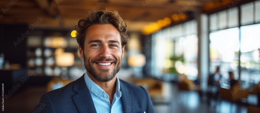 Portrait of a successful businessman smiling at the camera, elegant blue suit in a modern office. Portrait of a successful businessman smiling at the camera, elegant blue suit in a modern office.
