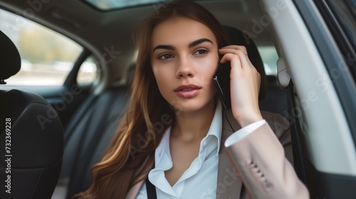 Young attractive businesswoman holding a smartphone in a luxurious car during business trip. © Generative ART