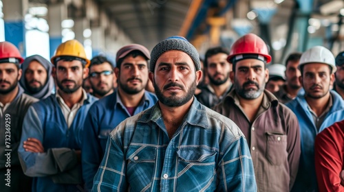 A team of rugged workers, sporting hard hats and jackets, proudly stand on the bustling city street with determination in their human faces, ready to tackle the towering building before them
