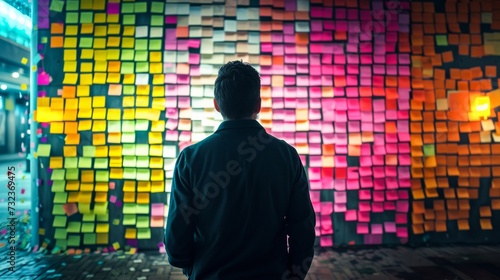 A man stands in contemplation, surrounded by a vibrant mosaic of post-it notes on a city street, each one representing a unique piece of his colorful life and the art of self-expression through cloth