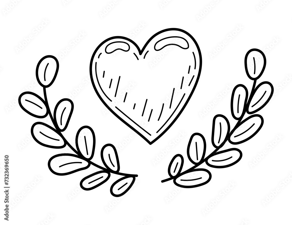 Coloring page heart in branches with leaves doodle. Hand drawn vector illustration. Coloring page heart in branches with leaves doodle. Hand drawn vector illustration.