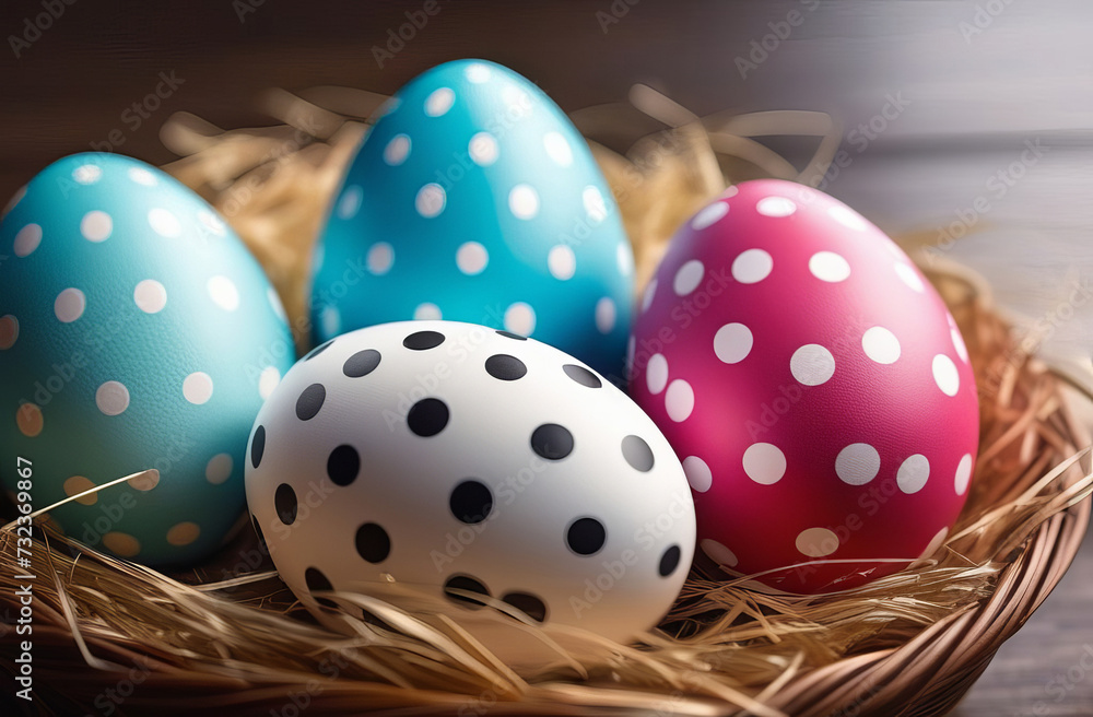 Easter basket filled with colorful eggs isolated on a wooden boards background