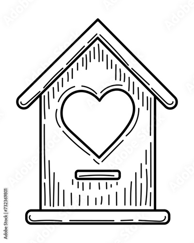 Coloring page bird house with heart doodle. Hand drawn vector illustration.