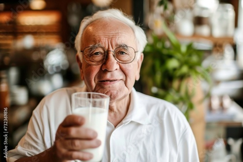 A content senior citizen sips his milk with a warm smile, his glasses resting on his face as he enjoys a refreshing drink indoors