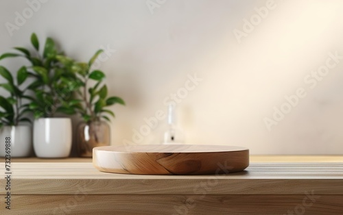 Organic natural eco concept. Empty wooden podium with plants on table over blurred bathroom background for product placement  shadows  soft sunlight. AI Generative.