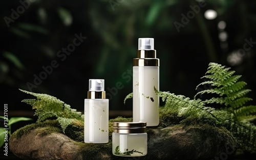 Organic treatment concept. Mockup with glass cosmetic dispensers and cream jar with natural stones and plants like branches, moss and leaves. AI Generative.