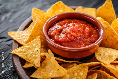 A colorful fiesta on a plate - a bowl of zesty salsa, surrounded by crunchy tortilla chips, topped with a variety of sauces and dips, creating the ultimate snack of nachos, totopos, and condiments, a photo