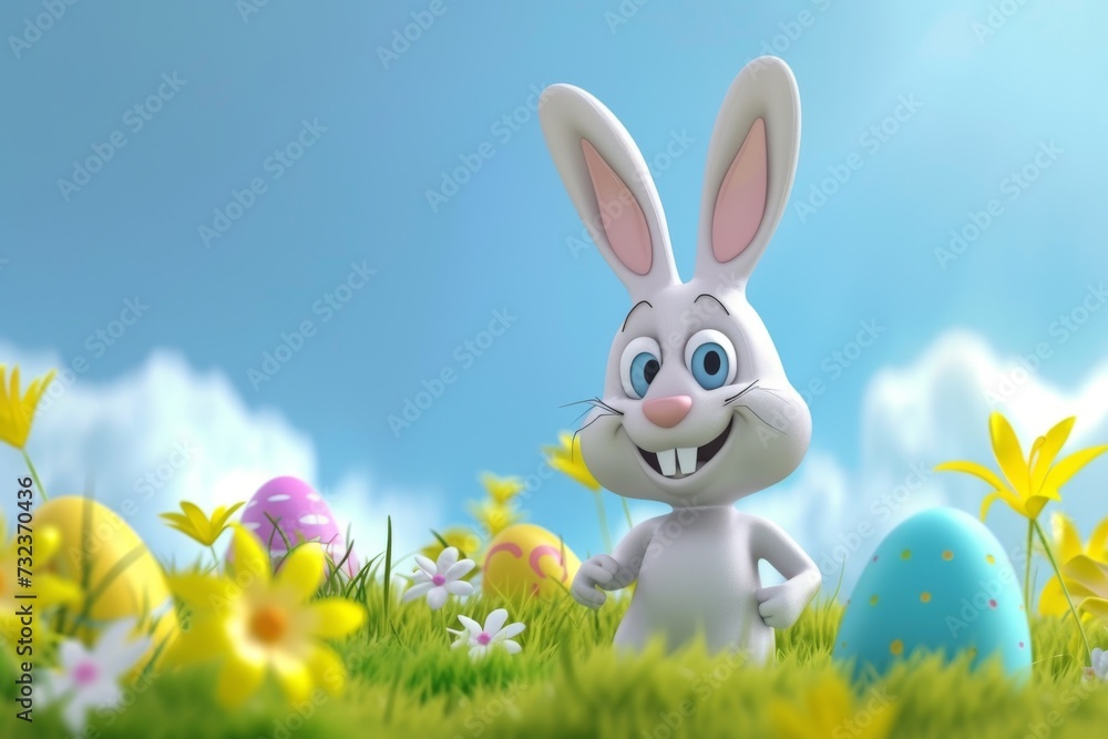 Happy Easter Eggs Basket Ears. Bunny in flower easter rejuvenation decoration Garden. Cute hare 3d amusing easter rabbit spring illustration. Holy week silly card wallpaper comic art Happy Easter Eggs Basket Ears. Bunny in flower easter rejuvenation decoration Garden. Cute hare 3d amusing easter rabbit spring illustration. Holy week silly card wallpaper comic art