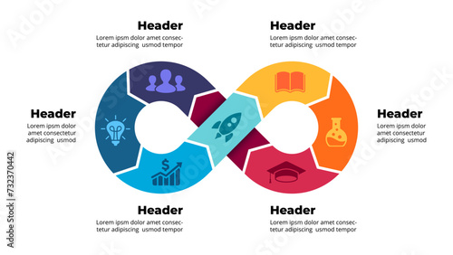 Circle Arrows Diagram. Infinity symbol infographic. Success concept. Startup business cycle icon. Clear modern graphic design. 6 steps options . Creative presentation template slide. Flow color chart