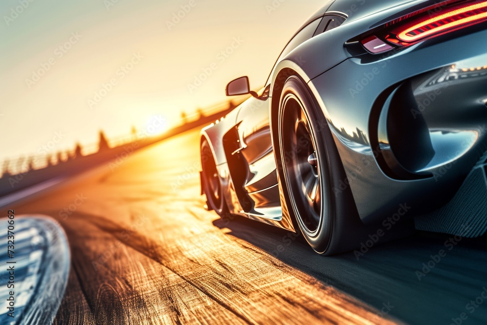 A sleek luxury sports car speeds down a winding road, its wheels gripping the ground as the sky above serves as the perfect backdrop for its striking automotive design