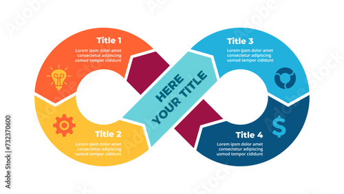 Circle Arrows Diagram. Infinity symbol infographic. Success concept. Startup business cycle chart. Clear modern graphic design. 4, 5 steps options. Curve line shape. Creative presentation template