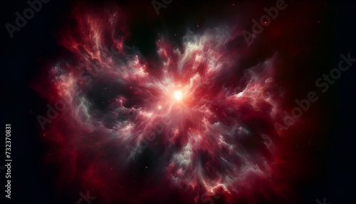 Abstract astronomical phenomenon depicting a nebula's birth in vivid reds and pinks. Generative AI.