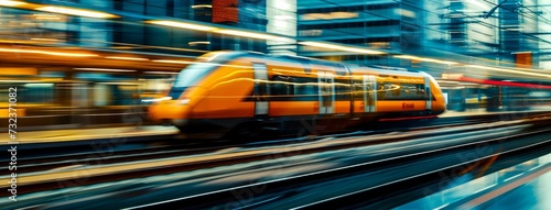 A bustling train station serves as a vital transport hub, with its orange rolling stock gliding along the tracks and eager passengers boarding the sleek metro cars photo