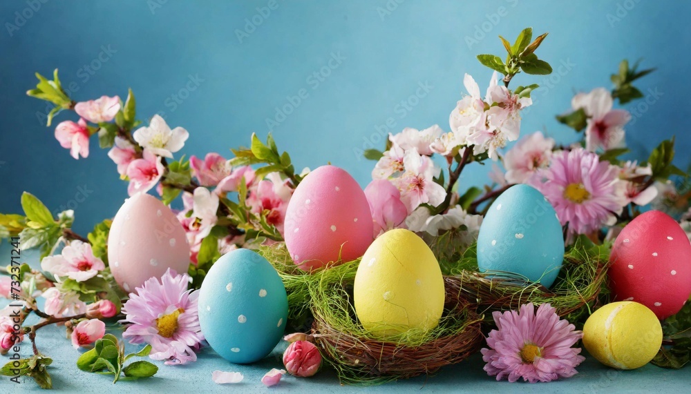 Happy Easter composition, colorful eggs among spring flowers on blue background Happy Easter composition, colorful eggs among spring flowers on blue background