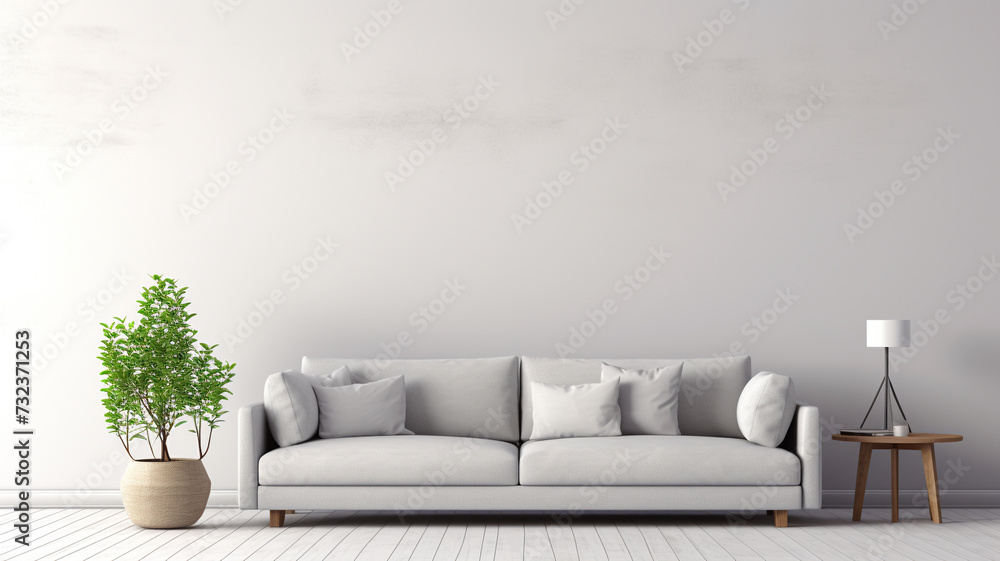 Living room interior wall mock up with gray sofa