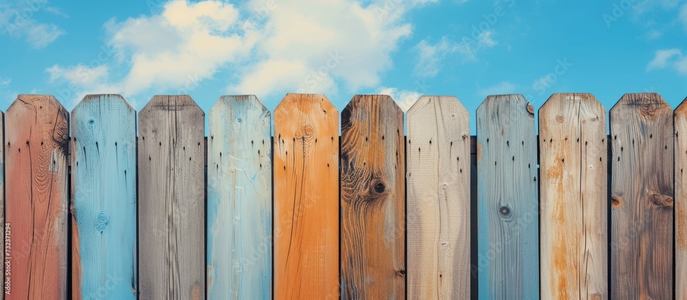 A wooden fence stands against a backdrop of a blue sky dotted with fluffy cumulus clouds, creating a charming natural landscape.