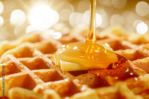 Indulge in a mouth-watering snack as you savor the rich flavors of a buttery belgian waffle drizzled with sweet syrup, a perfect dish for a cozy indoor treat photo