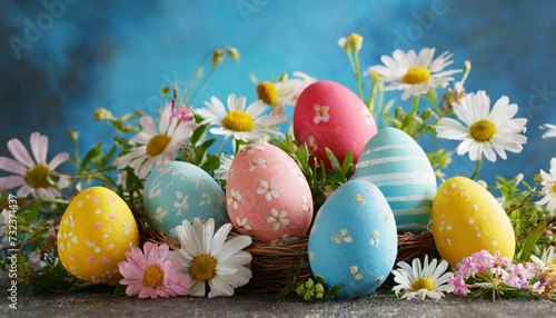 Happy Easter composition, colorful eggs among spring flowers on blue background