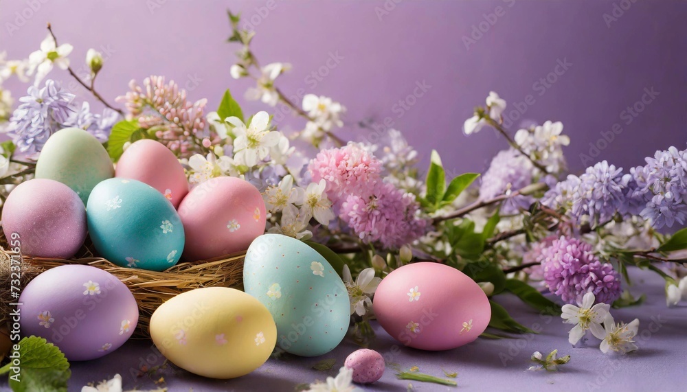 Happy Easter composition, colorful eggs among spring flowers on pastel purple background. Happy Easter composition, colorful eggs among spring flowers on pastel purple background.