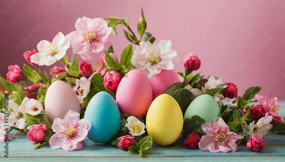 Happy Easter composition, colorful eggs among spring flowers on pastel purple background Happy Easter composition, colorful eggs among spring flowers on pastel purple background