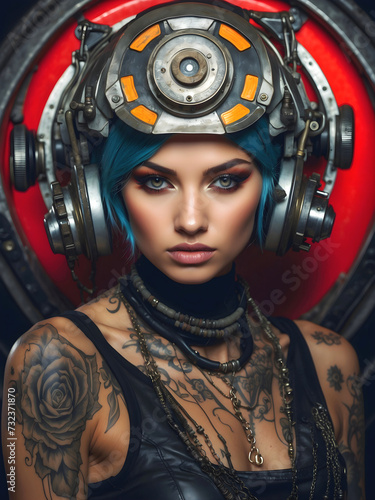 Portrait of beautiful cyber punk young tattooed woman, futuristic fashion concept, blue hairstyle