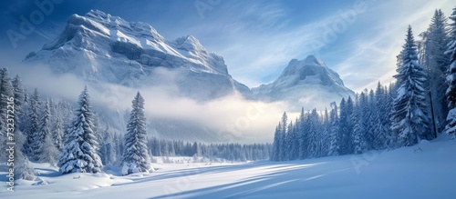 A freezing snowy landscape with trees and towering mountains in the background, creating a natural geological phenomenon amidst a cloud-filled sky.