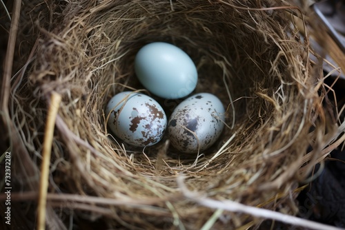 Unhatched Nest bird eggs natural. Animal farm. Generate Ai photo