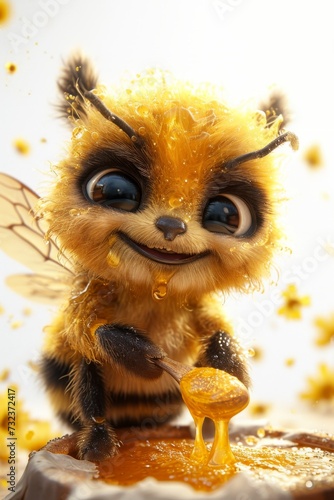 The bee eats natural honey. 3d illustration