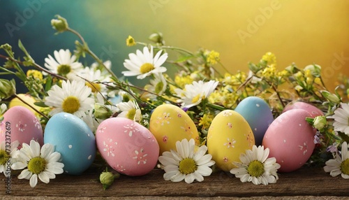 Happy Easter composition, colorful eggs among spring flowers on pastel yellow-blue background