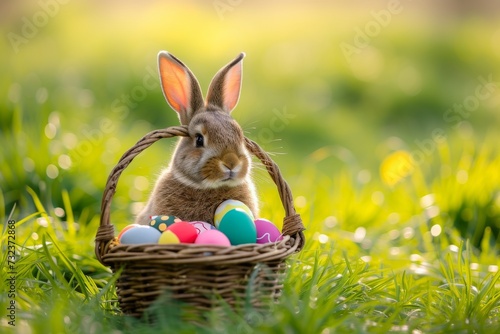 Happy Easter Eggs Basket Darling. Bunny in flower easter saturated decoration Garden. Cute hare 3d text block easter rabbit spring illustration. Holy week prayer card wallpaper spunky photo