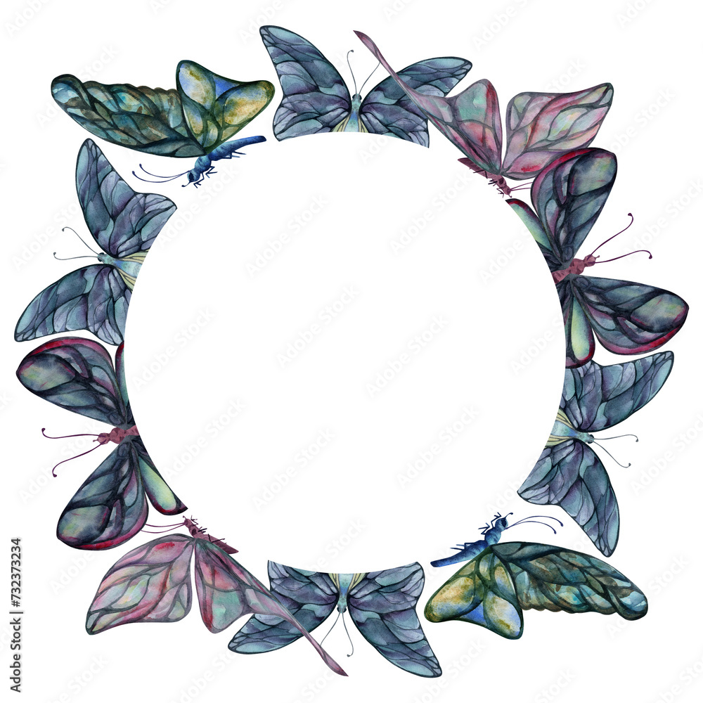 Fototapeta premium Hand drawn watercolor illustration butterfly fairy wings gem crystal insect moth. Amethyst emerald fluorite moonstone. Wreath frame isolated on white background. Design print, shop, wedding, birthday