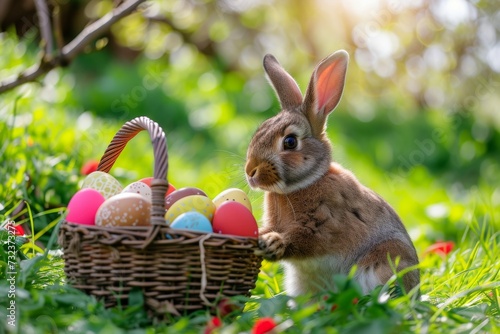 Happy Easter Eggs Basket Hopscotch. Bunny in flower easter Exuberant decoration Garden. Cute hare 3d plush hat easter rabbit spring illustration. Holy week icon card wallpaper radiant