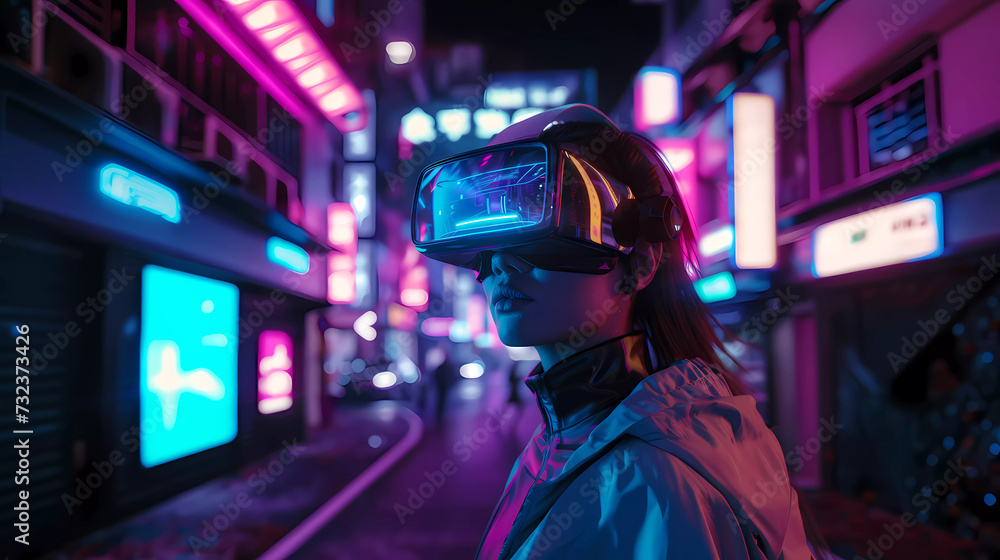 Beautiful women wearing Virtual Reality Headset in a Cyberpunk futuristic neon-lit China town street.Exploring virtual reality metaverse.Playing VR Online game. Beautiful women wearing Virtual Reality Headset in a Cyberpunk futuristic neon-lit China town street.Exploring virtual reality metaverse.Playing VR Online game.