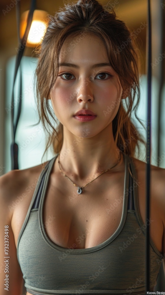 Asian Woman Poses in Sports Bra Top for Picture at Sports Event. Generative AI. Asian Woman Poses in Sports Bra Top for Picture at Sports Event. Generative AI.